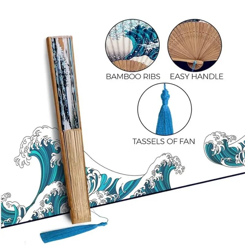 Japanese Folding Fan Handmade Decorative Kanagawa Wave Foldable Fan Handheld Vintage Hand Fans for Women Portable Folding