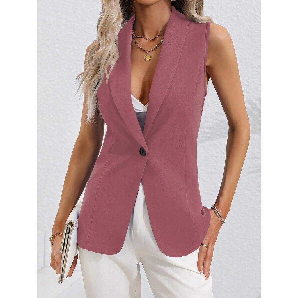 IHUASU Spring and Autumn Solid Color Cardigan Single Button Jacket Sleeveless Round Neck Coat for Women
