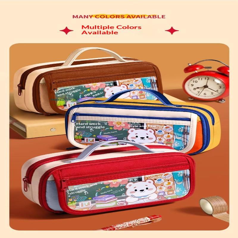 Large Capacity Transparent Pencil Case Cute Cartoon Bear Holds 40 Pens For Students School Use