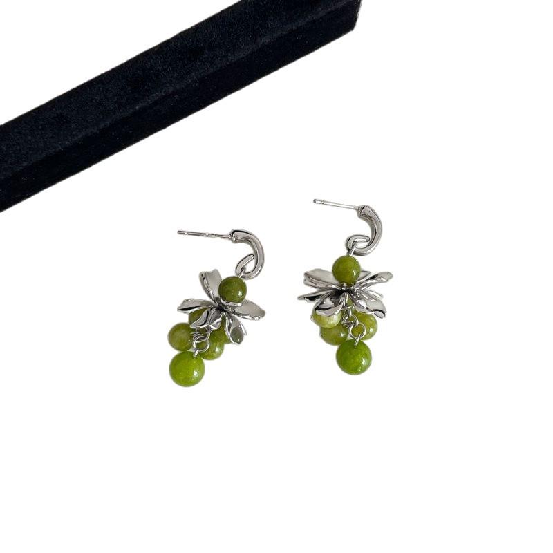 Mori Style Silver Needle Floral Glass Grape Tassel Earrings – Elegant High-End Design