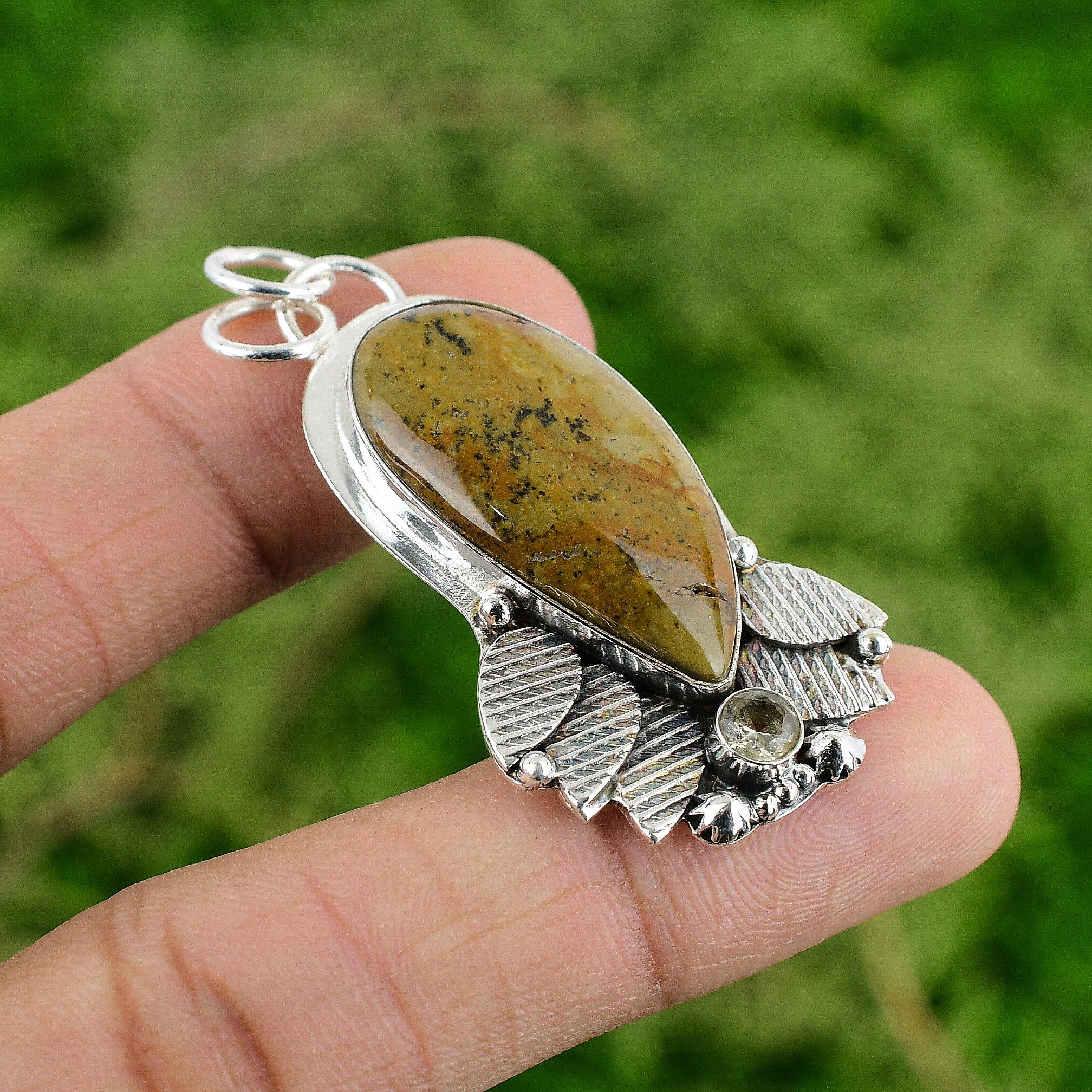 

Sterling Silver Natural Landscape Jasper White Topaz Bezel Wife Pendant Jewelry