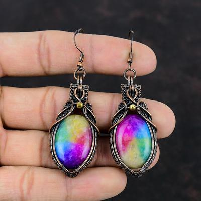 Rainbow Solar Quartz Druzy Earring Copper Wire Wrapped Earring Brand New Earrings Handmade Jewelry Gemstone Earring For Gifts Copper Jewelry