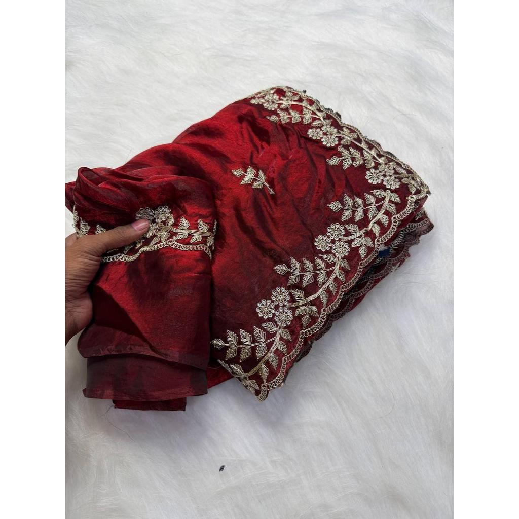 Premium Fandy satin with c pallu spring Dori embroidery work and all over sarees butta work with cutwork border