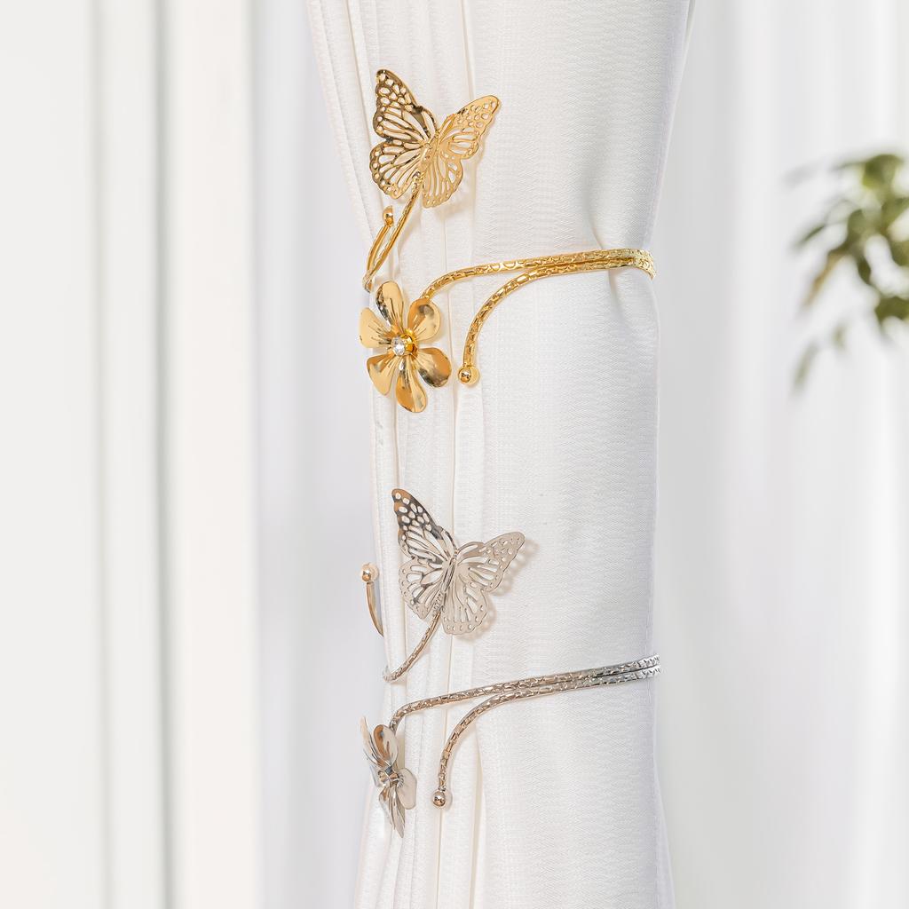 2pcs Elegant Butterfly & Floral Design Curtain Tiebacks - Minimalist Metal Curtain Holdbacks with Intricate Cut-Out Patterns for Bedroom