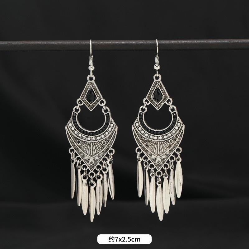 Vintage stone fringed earrings silver women's bohemian long personalized Tibetan temperament vacation earrings