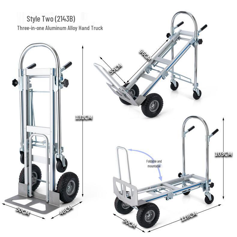 Portable Aluminum Folding Hand Truck: Four-Wheel High Load Cart 2143B Pneumatic Wheel