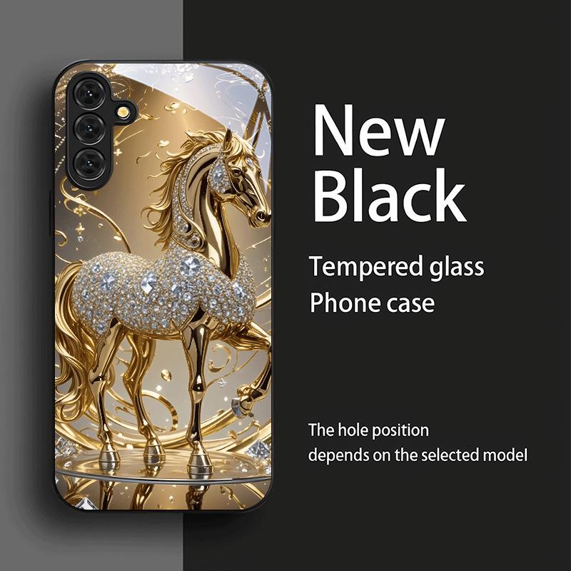Golden Horse Diamond Set Tempered Glass Phone Case Suitable for Samsung Galaxy S26 S25 S24 S22 S21 S20 FE/Ultra/Plus Anti Drop