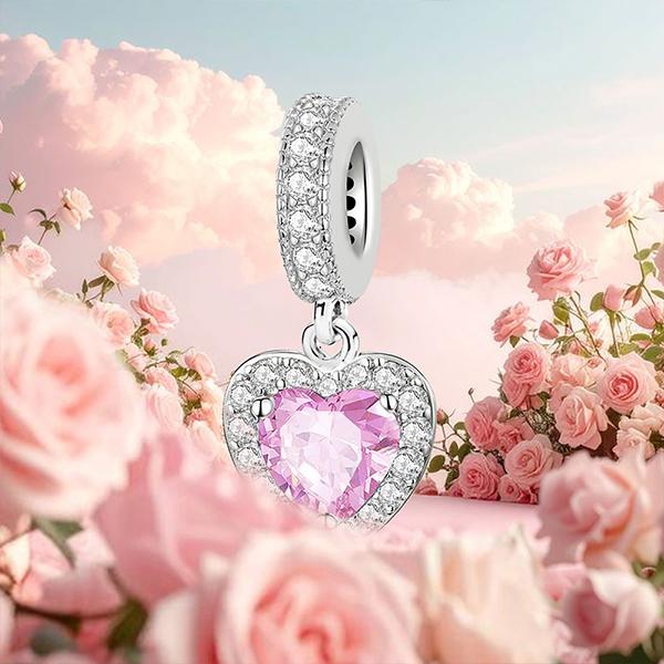 925 Silber Anhänger Zirkonia Rosa Liebesherz Charms Perlen Passend für Original Armband Armreifen DIY Schmuck Für Frauen