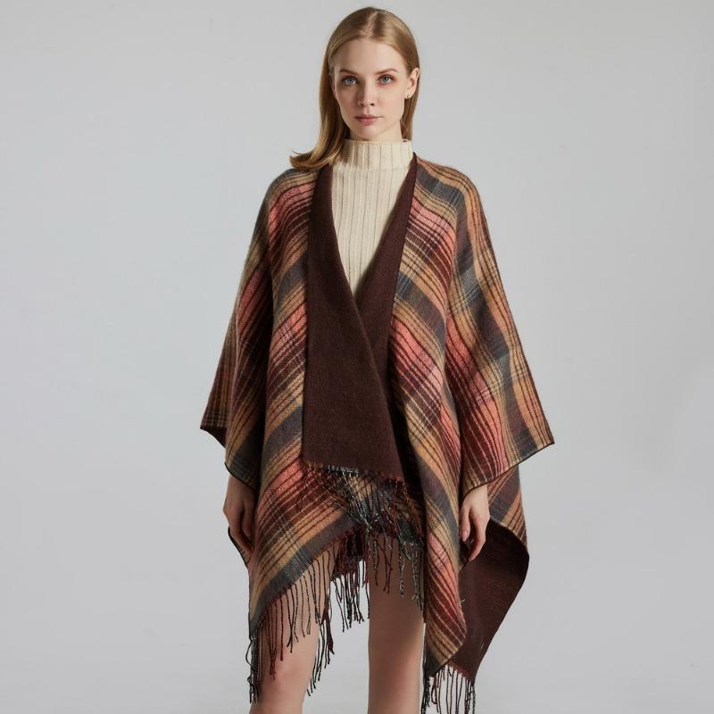 Scottish Classic Plaid Tassel Thick Warm Split Shawl Cape