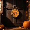 Decorative Round Hanging Sign Halloween Wall Pendant, with Pumpkin And Witch Silhouette, Wooden Retro Style Seasonal Door Ornament Sign, for