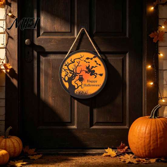 Decorative Round Hanging Sign Halloween Wall Pendant, with Pumpkin And Witch Silhouette, Wooden Retro Style Seasonal Door Ornament Sign, for