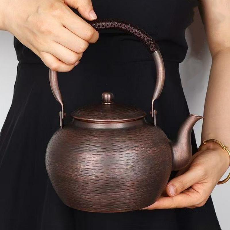 Vintage Large Size Copper Coffee Pot,Hammer Texture Weave Handle 1500 Ml Heat Resistant Filter Water Kettle,Handcrafted Teapot