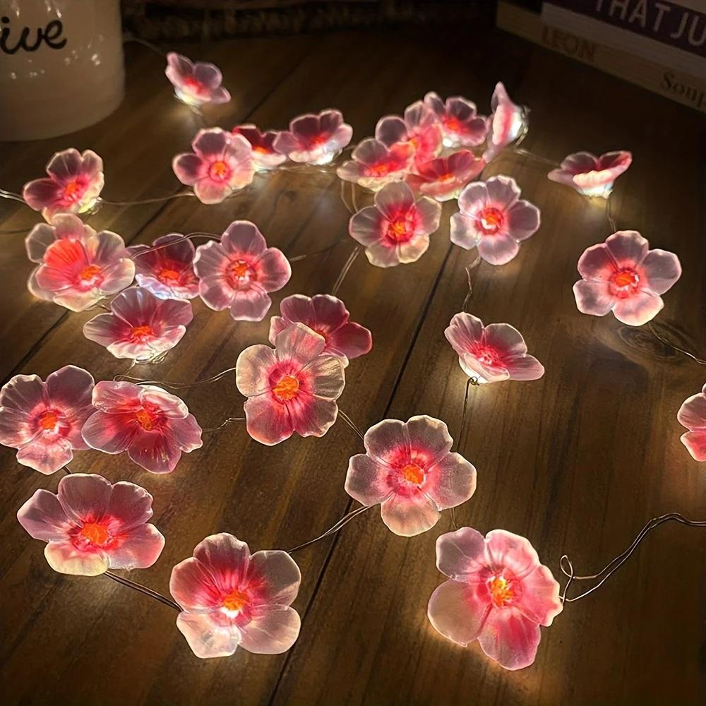 1PC 2M Long with 20LED Cherry Blossom Fairy Lights In Pink, Battery-Operated, Suitable for Indoor Wreath Decoration