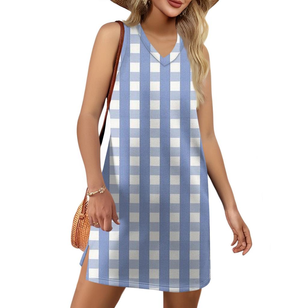 Women's V-neck Summer Casual Beach Vacation Women's Sleeveless Plaid Print Sundress