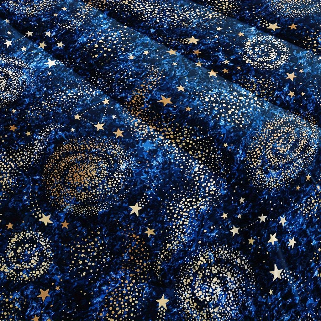 Starry Sky Comforter Set - Soft Blue Interstellar Printed Quilted Bedding with 1 Comforter and 2 Pillow Cases, Golden Stars Patt
