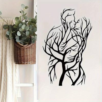 Metal Tree Art, Kissing Couple Wall Art, Modern Scandinavian Line Branch Art, Wall Hanging Tree Wall Decoration, Bedroom Living Room Romantic Decor