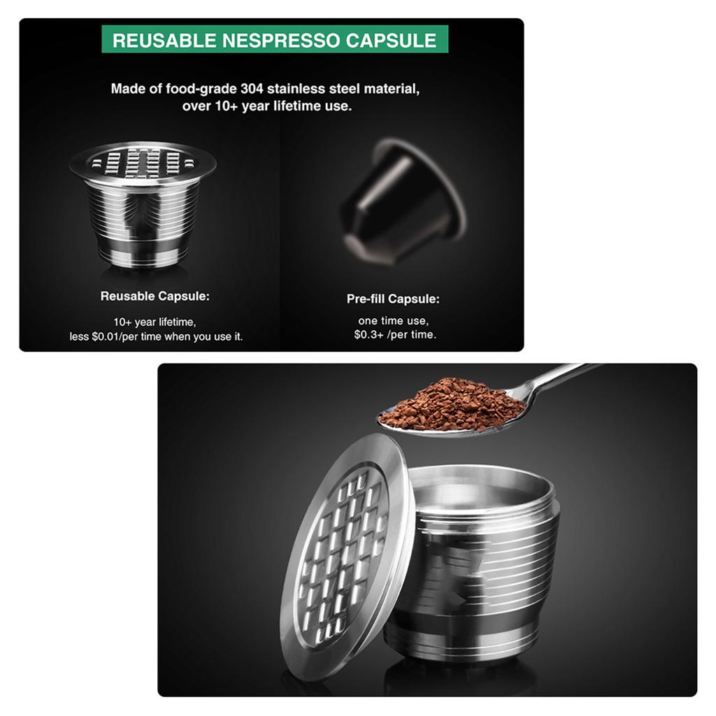 Compatible With Nespresso Stainless Steel Coffee Capsule Reusable Refillable Coffee Capsule Cup Filter with Brush Spoon