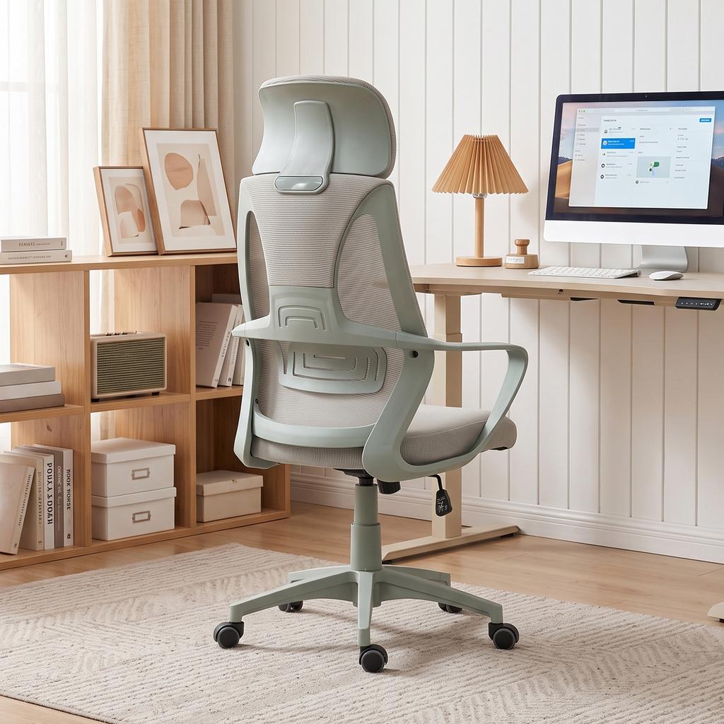 Office Chair, Desk Chair with Rocking Function, Height-Adjustable with Headrest, Lumbar Support, Grey