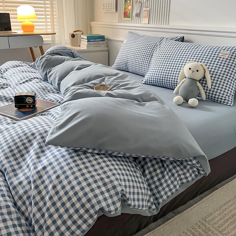 Muji Style Plaid Peach Fuzz Cotton Bedding Set: Skin-friendly Bed Sheet, Fitted Sheet, Duvet Cover - 3 or 4 Piece Options for Dorm.
