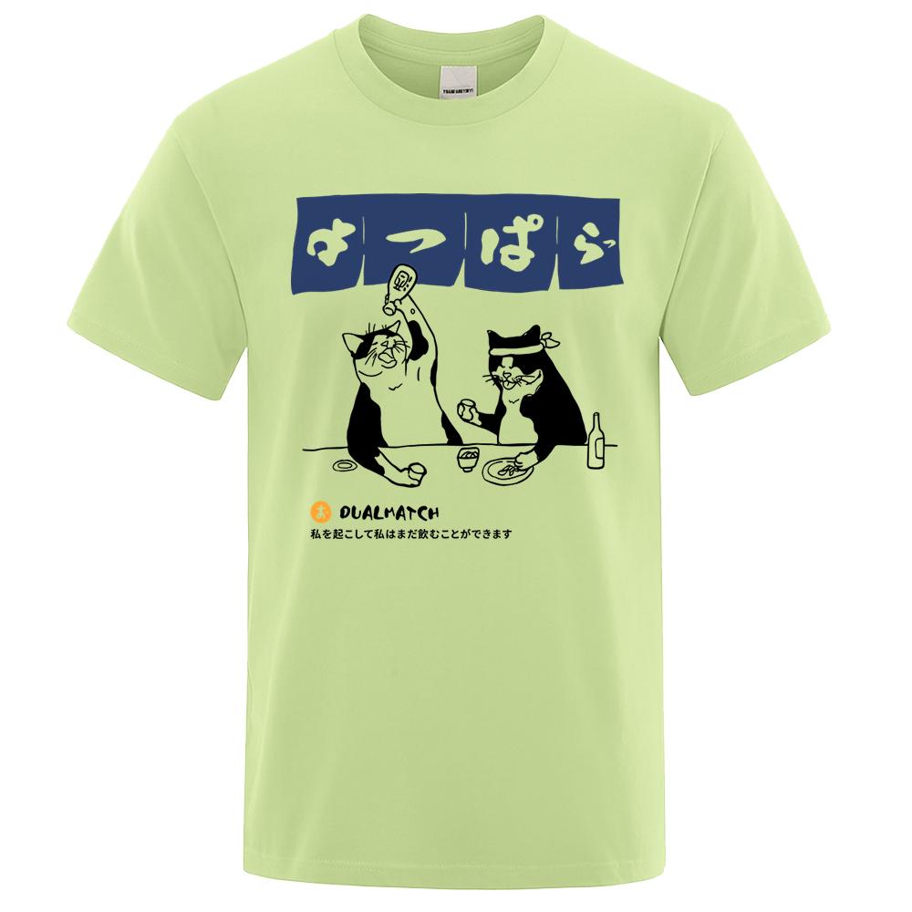 Harajuku Japanische Katze Trink-Tops Herrenmode O-Ausschnitt T-Shirt Straße Sommer Übergroße Kleidung Hip Hop Sweat Baumwoll-T-Shirts