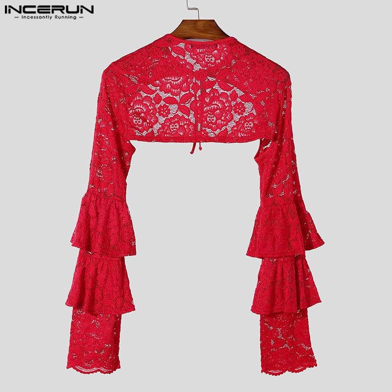 INCERUN Men Lace Up See Through Lace Crop Tops Club Party Mesh Short T-shirts