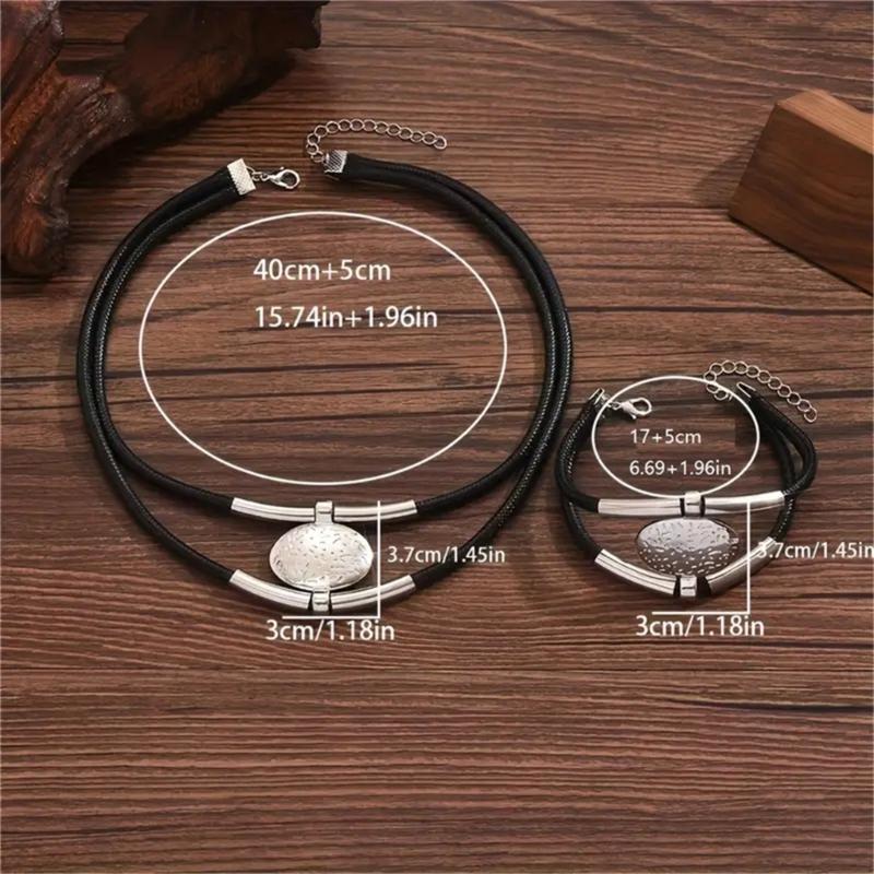 Bohemian Necklace Bracelet Set Vintage Multi Layer PU Leather Rope and Oval Metal Pendant Jewelry Accessories for Women