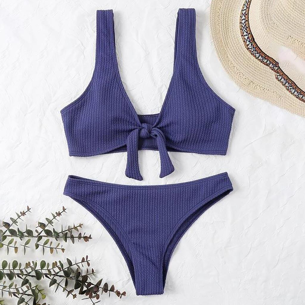 Women's Two Piece Bikini Set Ribbed Texture Waist Tie Front Tank Top and High Cut Bottom Swimsuit Summer Beachwear