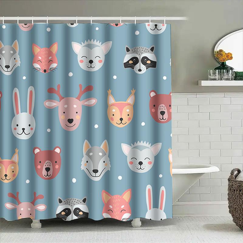 Animal Print Shower Curtain Fabric Decorative Home Bathroom Waterproof Liner Set For Kids Bathrooms Blue Color With Multiple Ani