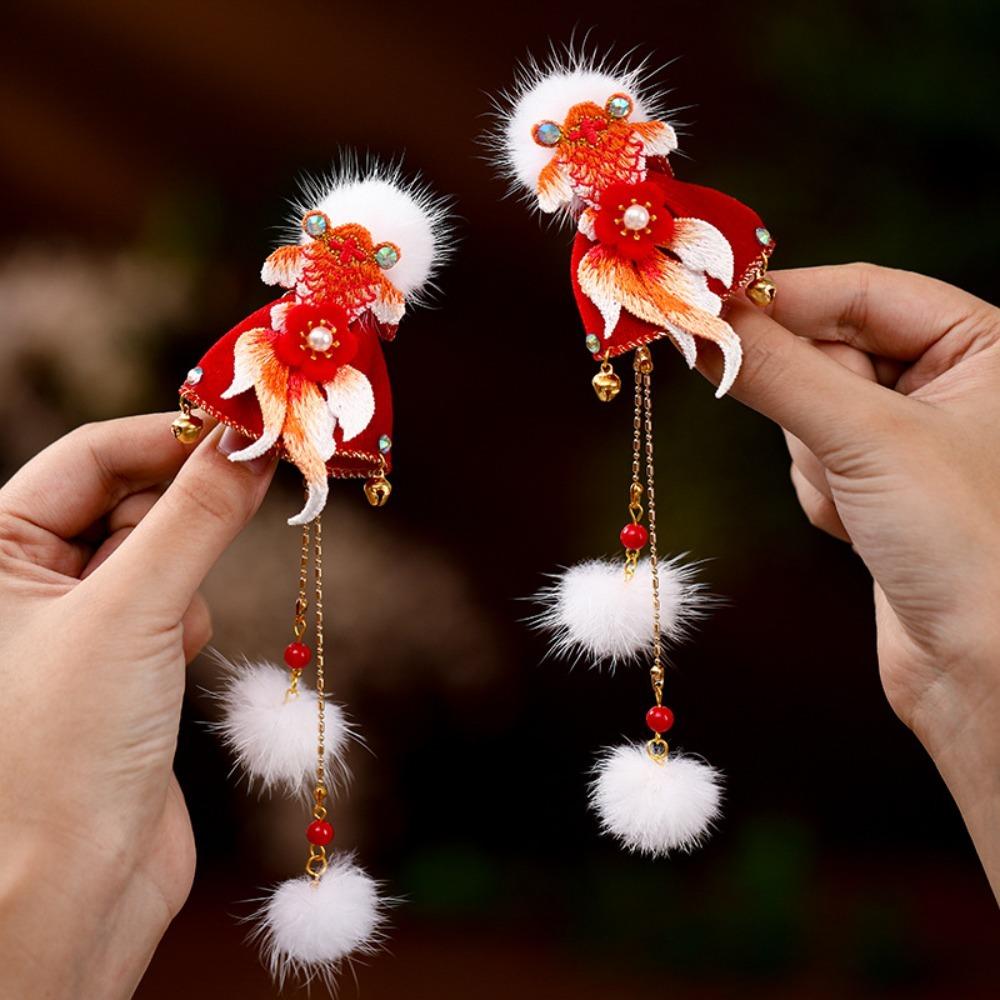 2pc Headwear Goldfish Hair Clip with Bell and Tassel Chinese New Year Festival New Year Barrettes Red Hair Clip Girls