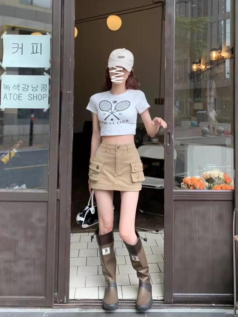 Khaki High-Waist A-Line Denim Skirt - Slim, Retro, Summer Style for Women