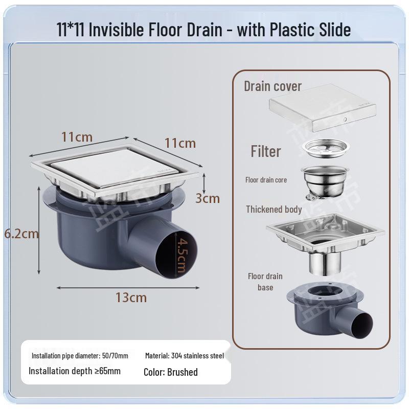 15x15 Odor-Proof Invisible Floor Drain, 304 Stainless Steel, Concealed for Bathroom or Shower Room