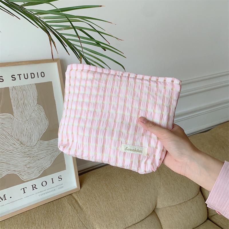 Fresh Plaid Portable Cosmetic Storage Bag Makeup Pouch Stationery Bag Toiletry Touch-up Bag