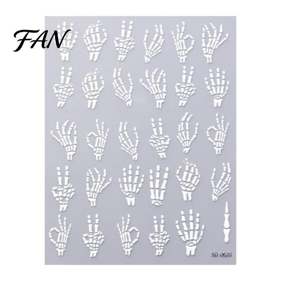 Long Lasting Nail Manicure Sets Halloween Art Stickers, 3D Embossed Skeleton Hand Pumpkin Bat Party Decorations Black Decals, Self-Adhesive