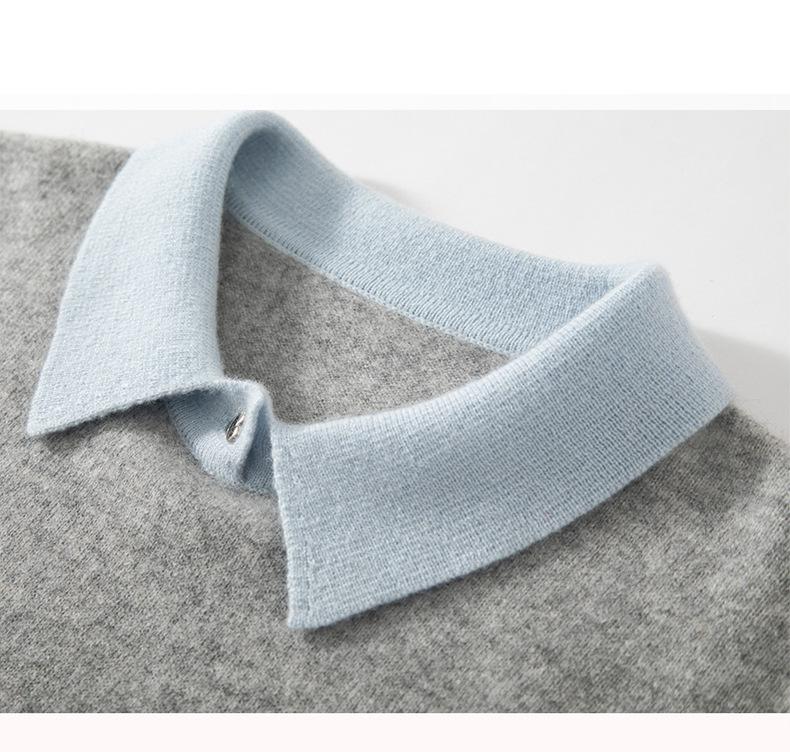 Women's 100% Pure Cashmere Color Block Polo Collar Sweater - Long Sleeve Knit Pullover for Autumn/Winter