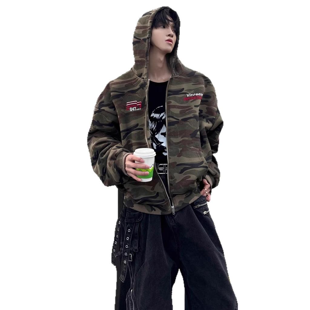 Unisex Trendy Punk Camouflage Embroidered Hooded Sweatshirt for Autumn/Winter - Cool Loose-Fit Versatile Jacket.