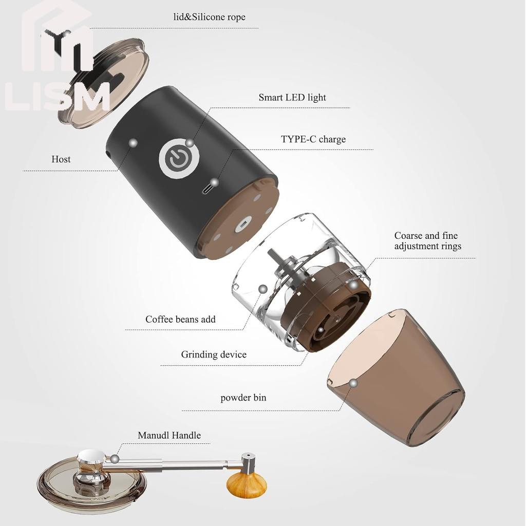 Mini Portable Burr Coffee Grinder Electric+Manual 2-in-1 Cafe Bean Grind Mill USB Rechargable with 5 Grind Settings