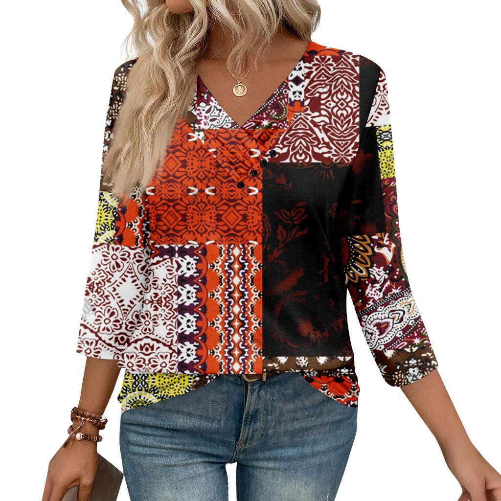 Womens 3/4 Sleeve Daily Weekend V Neck Casual Printed Tshirts Loose Fit Pleated Tees Button Down Shirts