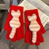 Cute Striped Cat Finger Knitted Wool Gloves Female Winter Thickened Warm Cold Student Riding