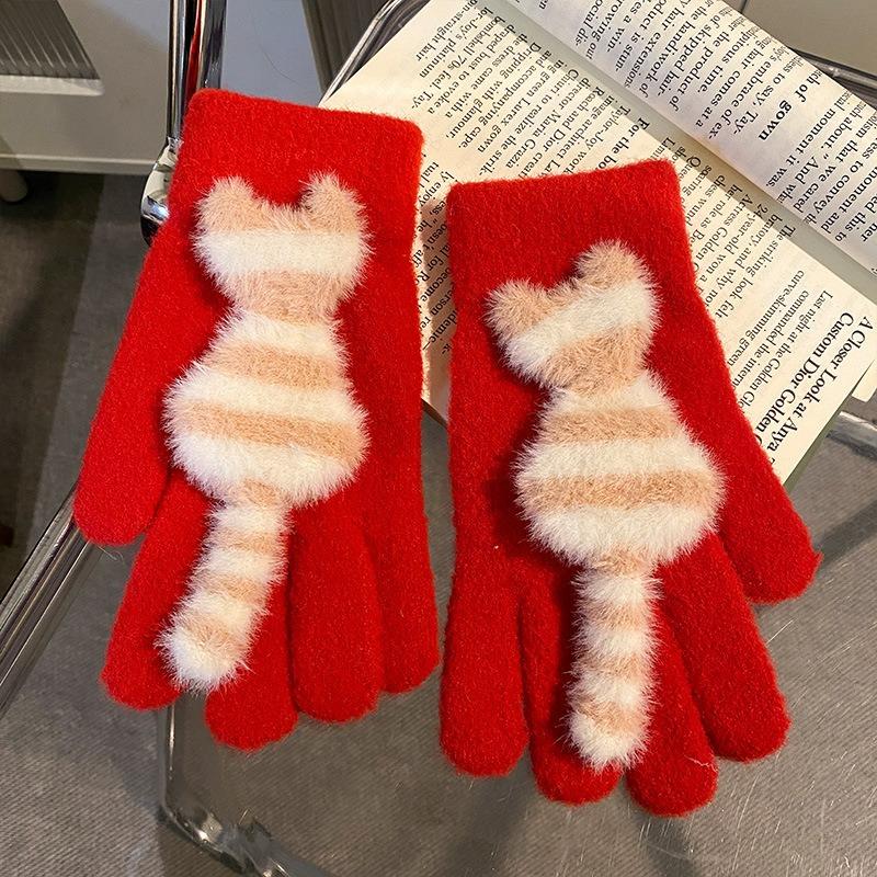Cute Striped Cat Finger Knitted Wool Gloves Female Winter Thickened Warm Cold Student Riding