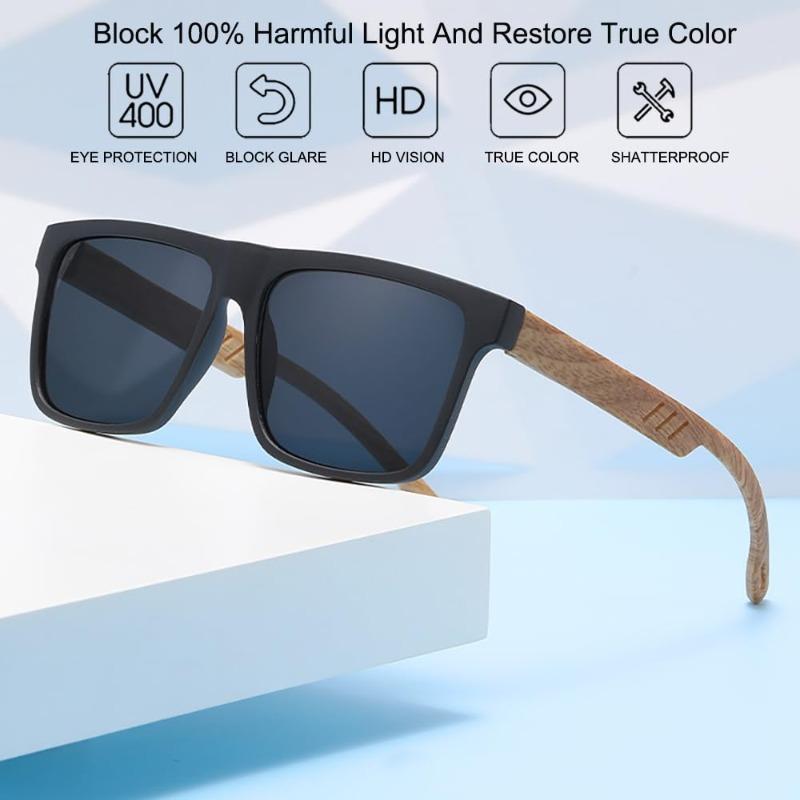 New Square Casual Sunglasses Wood Grain Spring Hinges UV400 Protection Unisex Outdoor Daily Eyewear