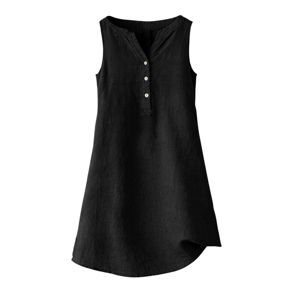 Women's Summer Casual V-neck Button Color Sleeveless Long Dress With Pockets