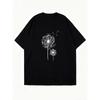 Black Oversized T-Shirt With Dandelion Print And Minimalist Text For Casual Wear