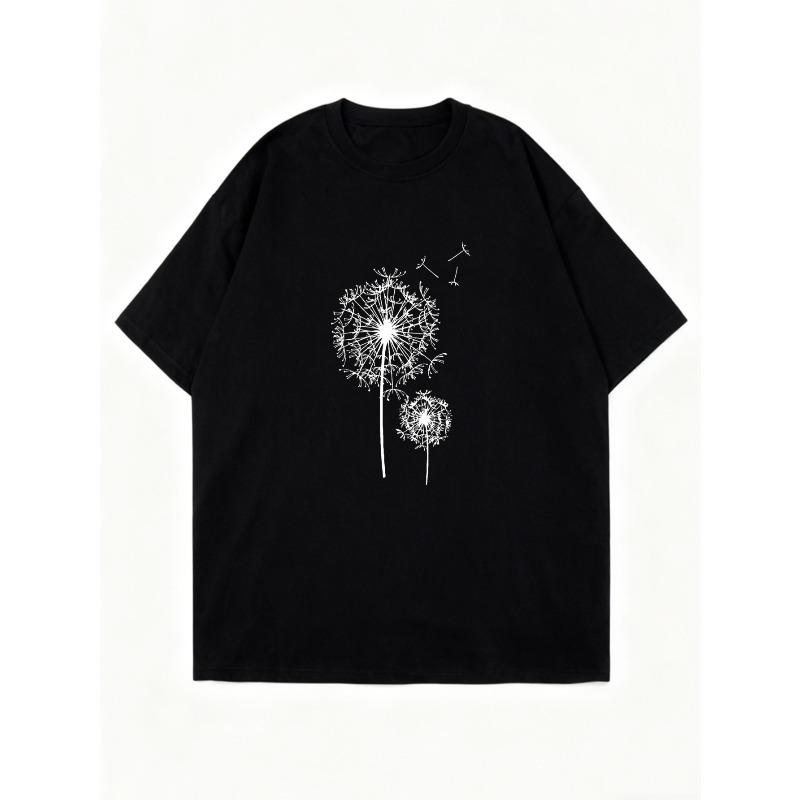 Black Oversized T-Shirt With Dandelion Print And Minimalist Text For Casual Wear