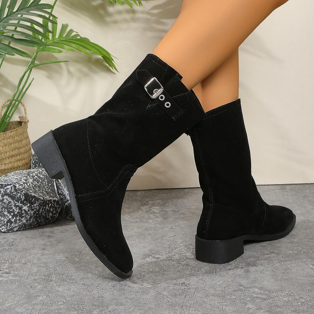 Women Boots 2024 New Autumn Winter Cow Suede Boots Women Square Toe Chunky  Mid-calf Boots Women Fashion Outdoor Casual Shoes