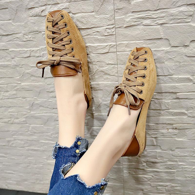 Pavasara un vasaras sieviešu apavi Šņorējami, sekli, plakanu papēžu kvadrātveida purngali Universālas retro stila virskurpes