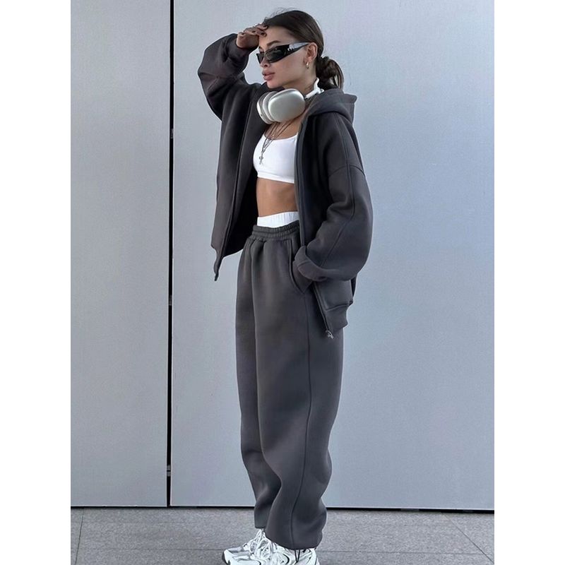 

Western Style Autumn and Winter Casual Polar Fleece Hoodie Trousers Set Hooded Top and Pants Set Dark gray M