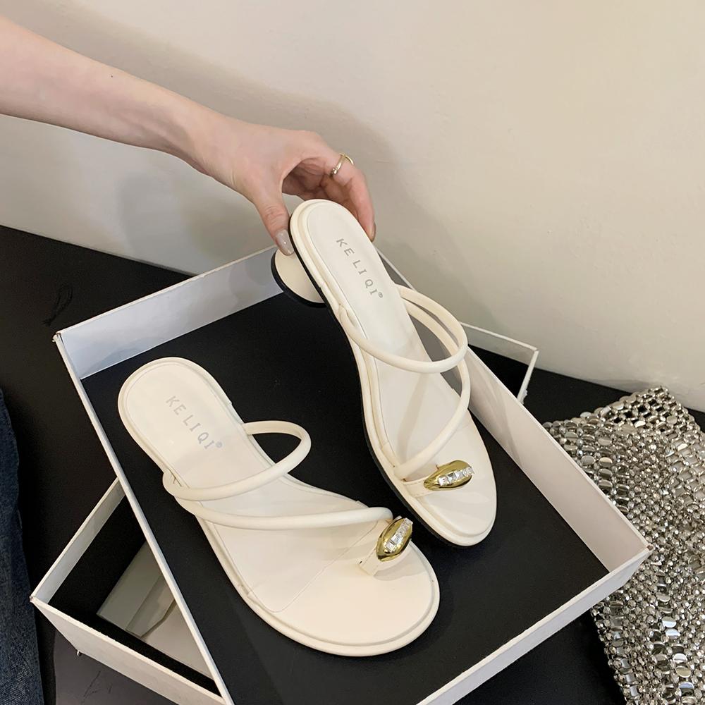 

fashion Fashion Women Slides Slippers Silver Pink White Narrow Band Summer Thick Mid Heels Slip On Party Pumps Dress Shoes Woman Size 39 7.5 бежевый