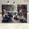 2D Speakeasy Bar Backdrop, Retro 1920s Gangster Car & Whiskey Barrel Background for Party Decor