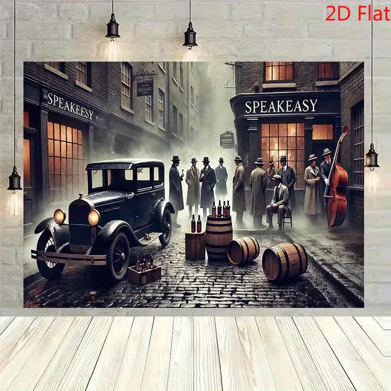 2D Speakeasy Bar Backdrop, Retro 1920s Gangster Car & Whiskey Barrel Background for Party Decor