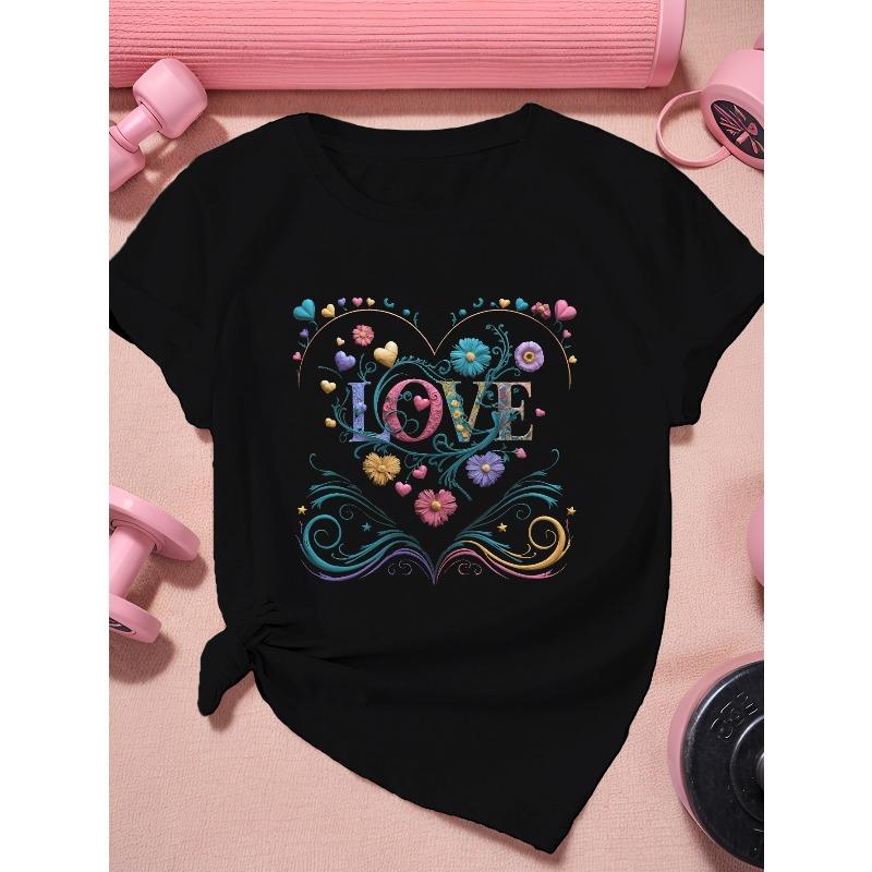 

Women s Plus Size Sports Short Sleeve T-Shirt Heart Flowers LOVE 4XL чорний